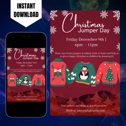 Christmas Jumper Day Invitation Template | Ugly Sweater Christmas Party Invite CreativeRino