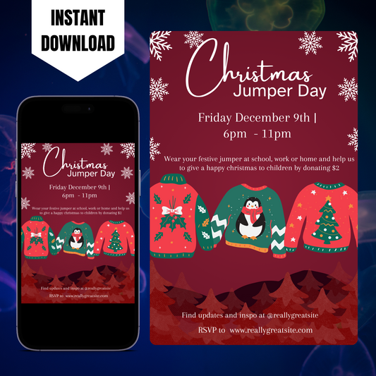 Christmas Jumper Day Invitation Template | Ugly Sweater Christmas Party Invite