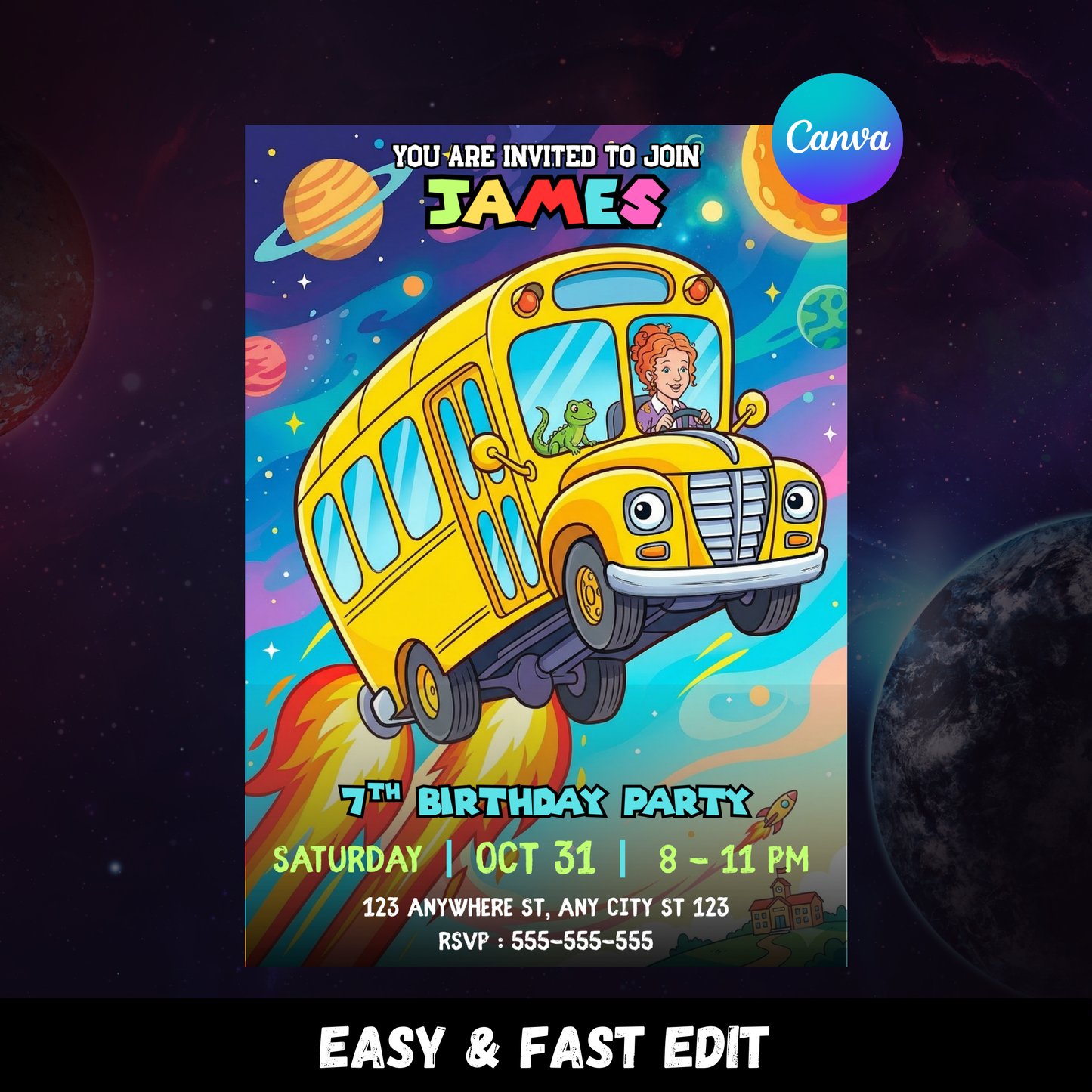 Magic School Bus Birthday Invitation Editable Canva Template CreativeRino