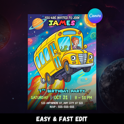 Magic School Bus Birthday Invitation Editable Canva Template CreativeRino