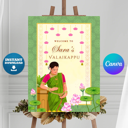 Valaikappu Ceremony Sign Template | Indian Baby Shower Welcome Sign CreativeRino