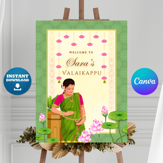 Valaikappu Ceremony Sign Template | Indian Baby Shower Welcome Sign