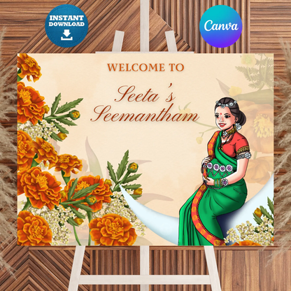 Seemantham Ceremony Sign Template | Indian Baby Shower Welcome Sign CreativeRino