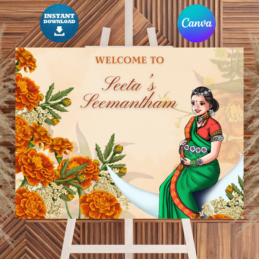 Seemantham Ceremony Sign Template | Indian Baby Shower Welcome Sign