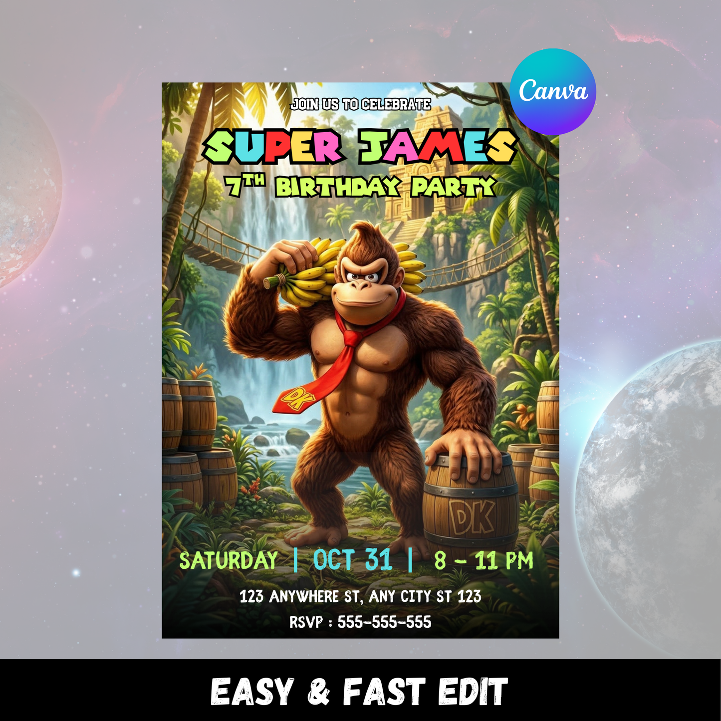 Editable Donkey Kong Invitation Template | Jungle Birthday Party Invite for Kids CreativeRino