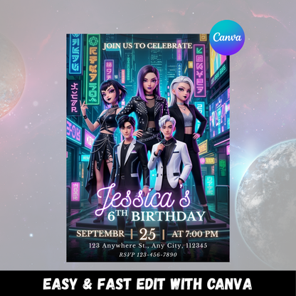 Kpop Demon Hunters Birthday Invitation – Editable Digital Party Invite CreativeRino
