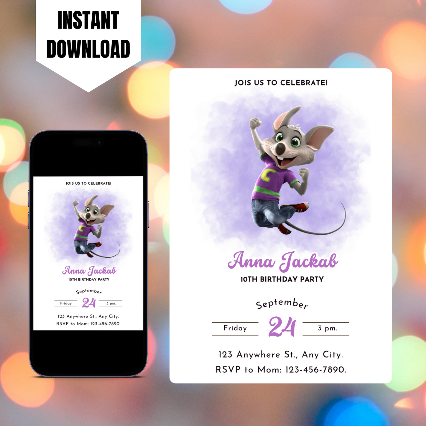 Chuck E Cheese Mouse Birthday Invitation Template