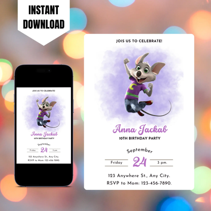 Chuck E Cheese Mouse Birthday Invitation Template CreativeRino