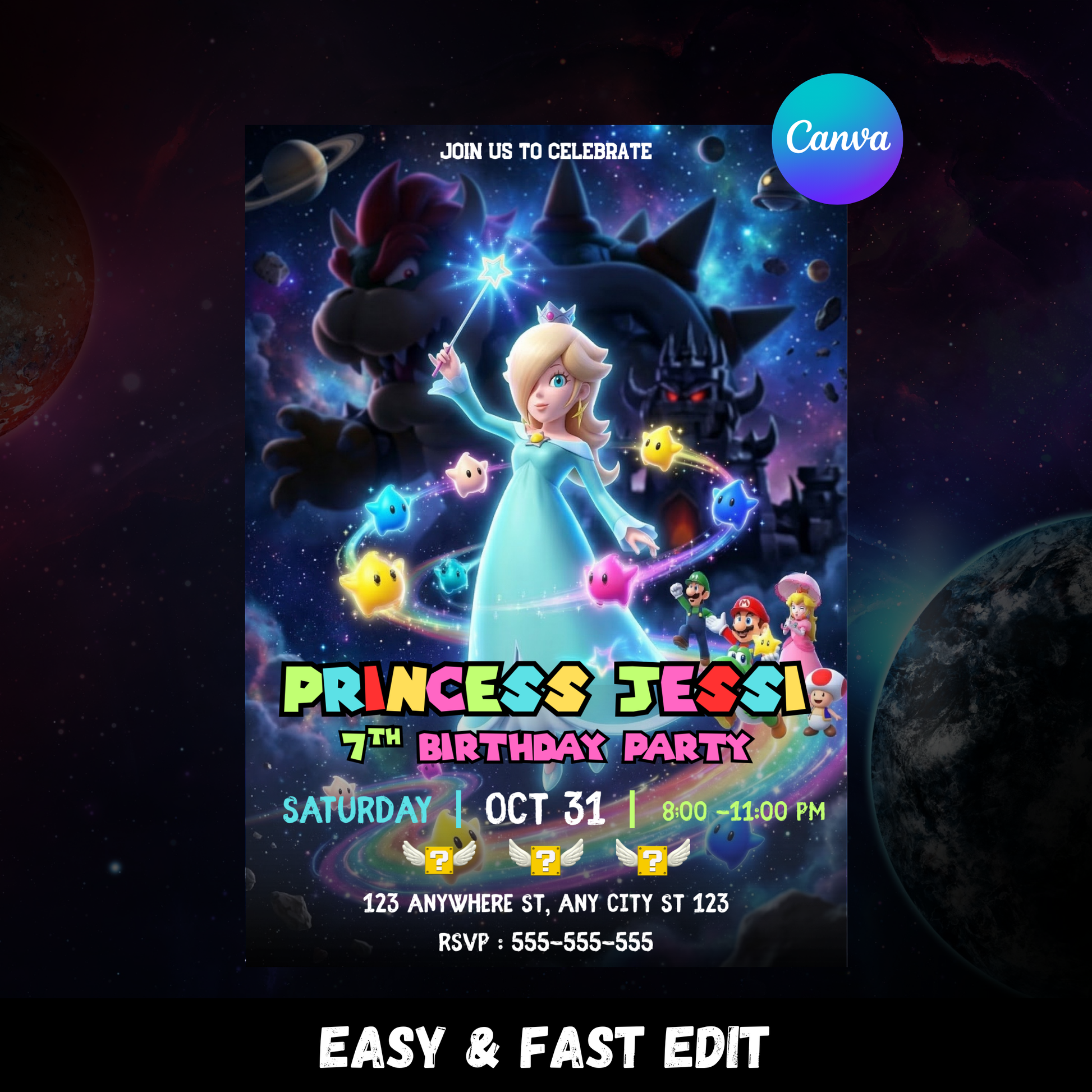 Editable Princess Rosalina Birthday Invitation, Mario Galaxy Birthday Invitation, Canva Template CreativeRino