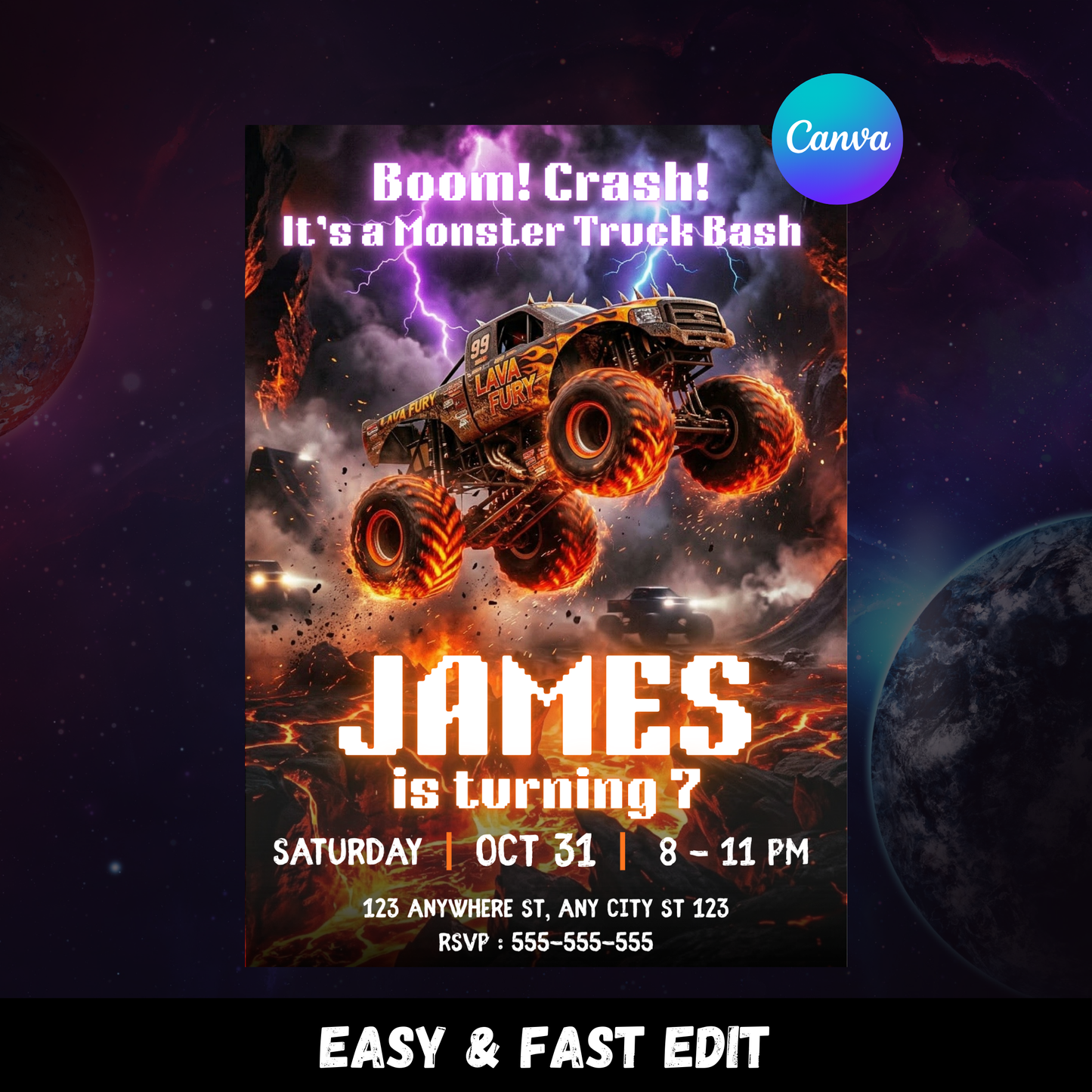 Monster Truck Birthday Invitation Template | Editable Truck Party Invite CreativeRino