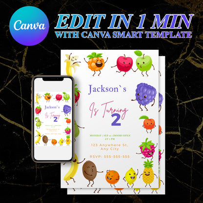 Hey Bear Dancing Fruit Birthday Invitation Template - CreativeRino