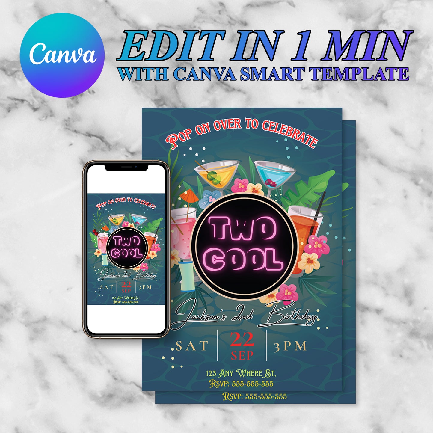 Two Cool Party Invitation | Two Cool Birthday Invite Canva Template