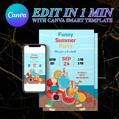 Funny Summer Party Invitation | Summer Party Invite Canva Template CreativeRino