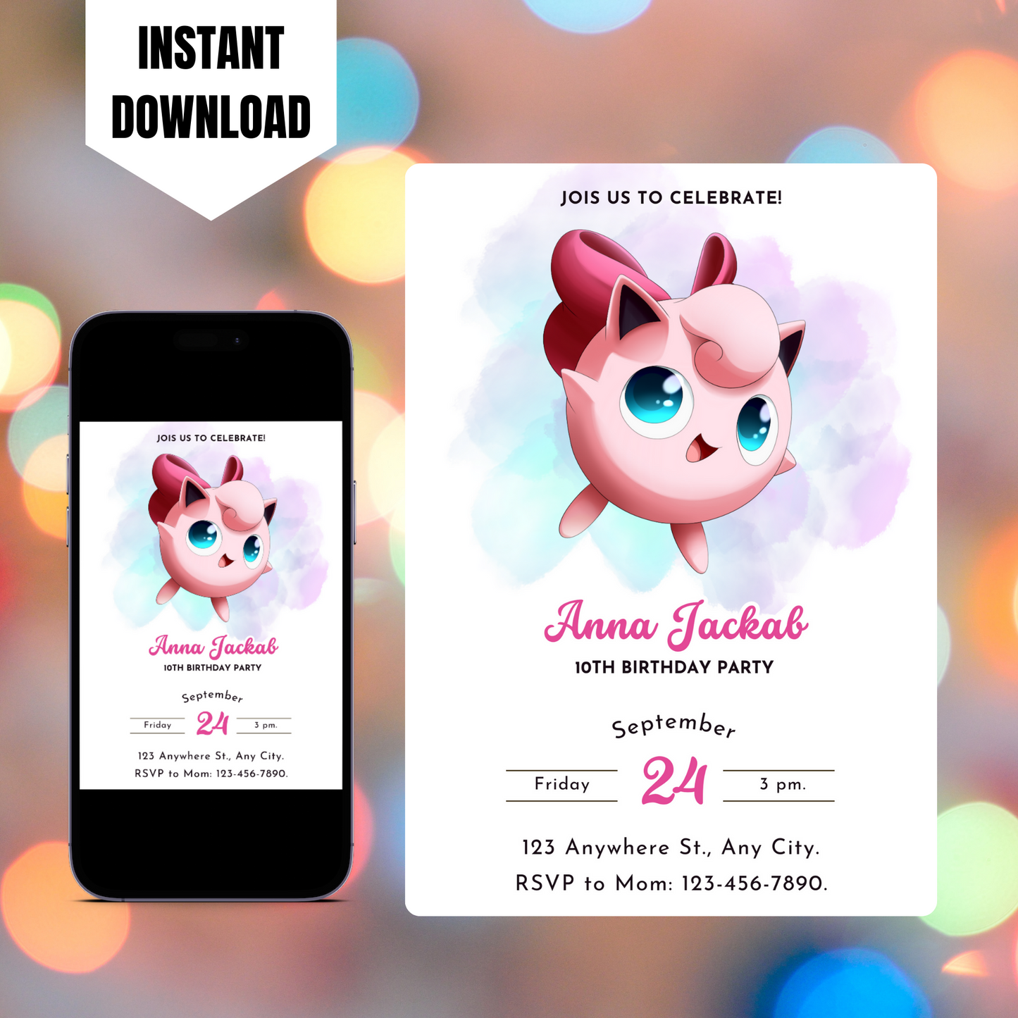 Jigglypuff Pokemon Birthday Invitation Template