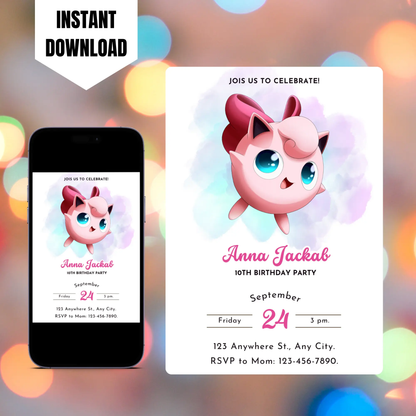 Jigglypuff Pokemon Birthday Invitation Template CreativeRino