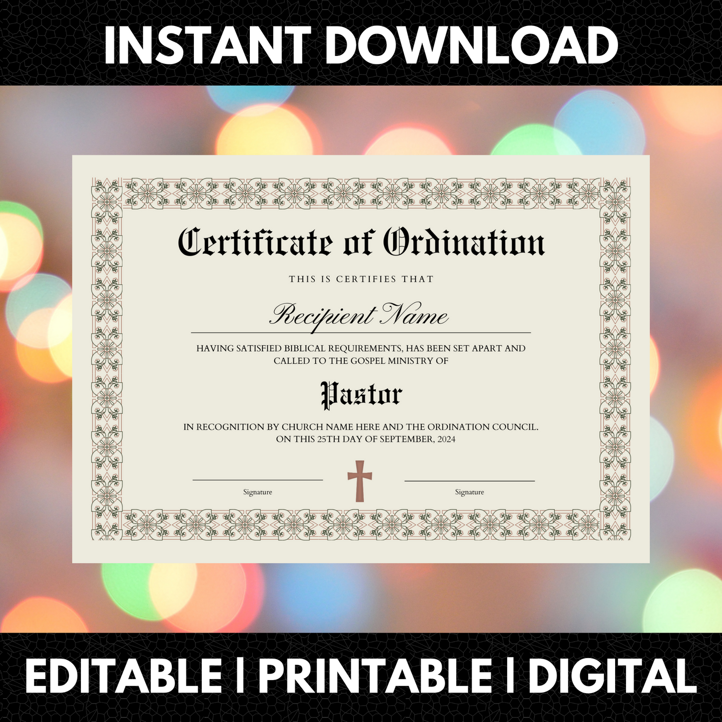 Certificate of Ordination Template | Pastor Ordination Certificate