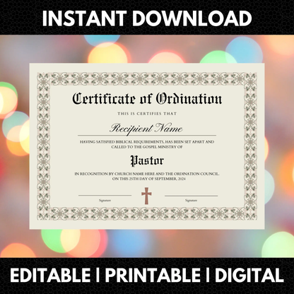 Certificate of Ordination Template | Pastor Ordination Certificate CreativeRino