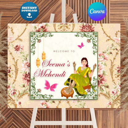 Mehndi Sign Template | Indian Wedding Welcome Sign CreativeRino
