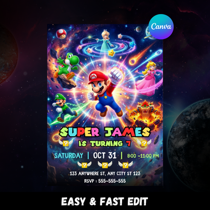 Mario Galaxy Birthday Invitation, Editable Outer Space Party Invite Canva Template CreativeRino