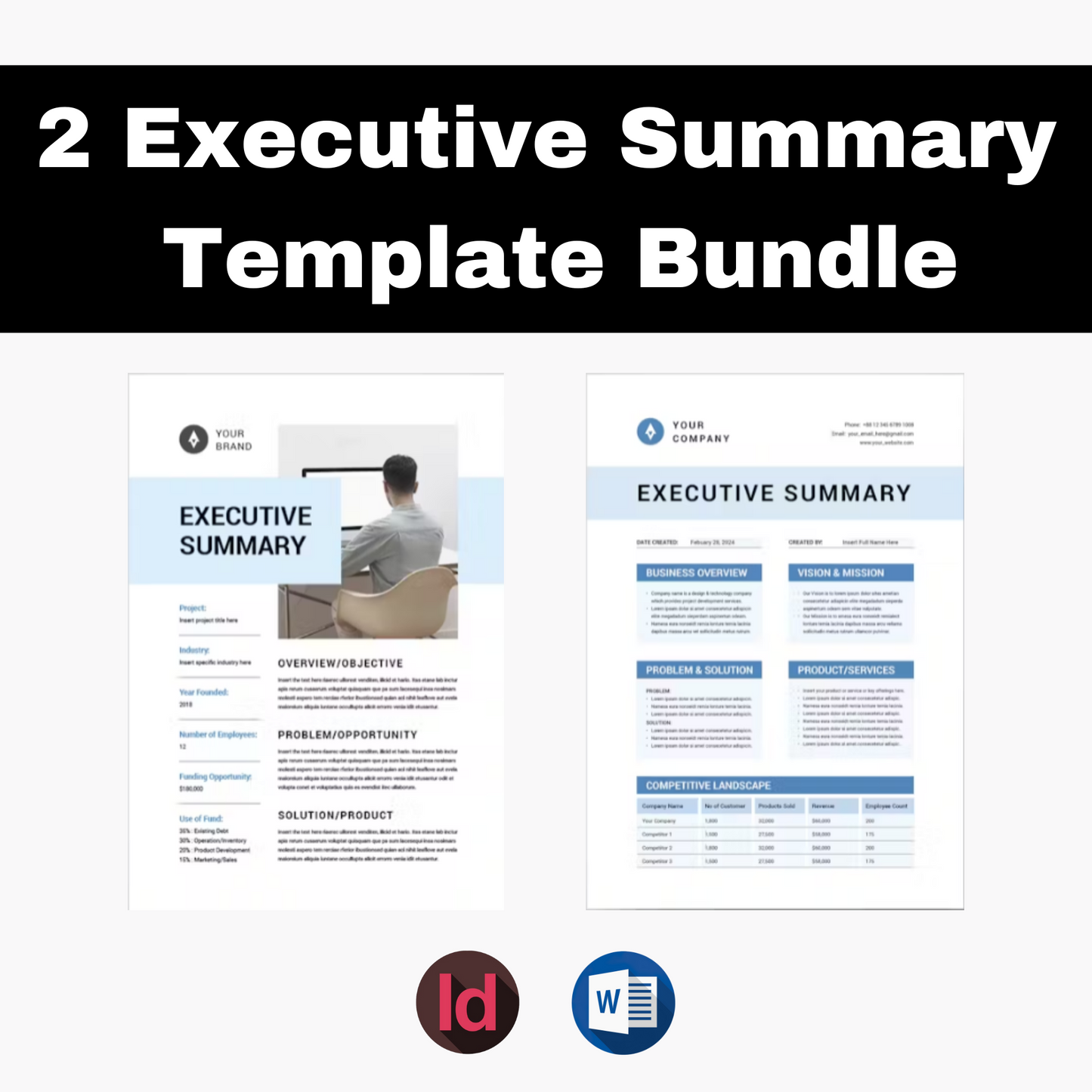 2 Executive Summary Template Bundle | Business Executive Summary Report | Startup Business Executive Summary | Adobe Indesign & MS Word