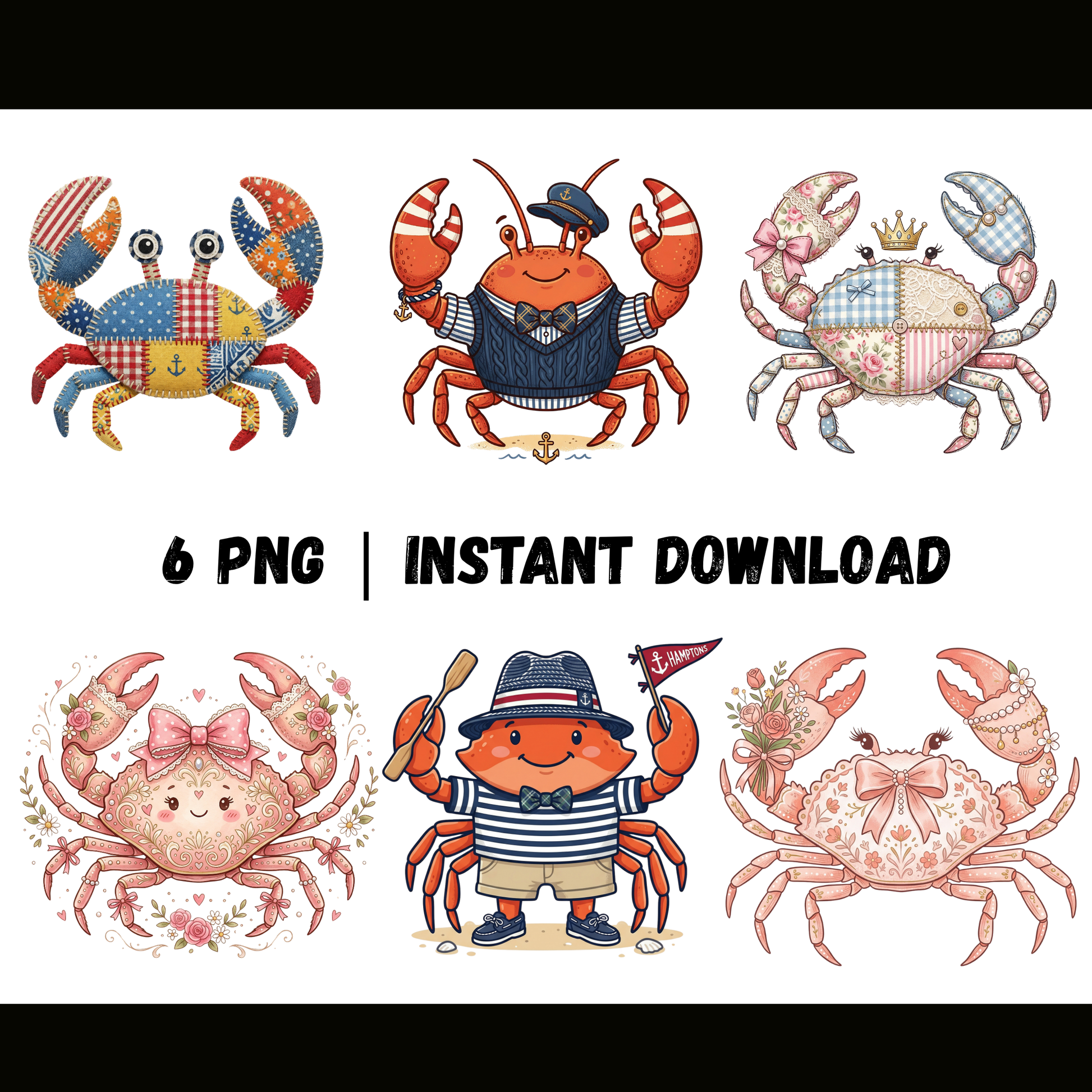 Preppy Patchwork Coquette Crab PNG – Cute Coastal Bow Crab Digital Download CreativeRino