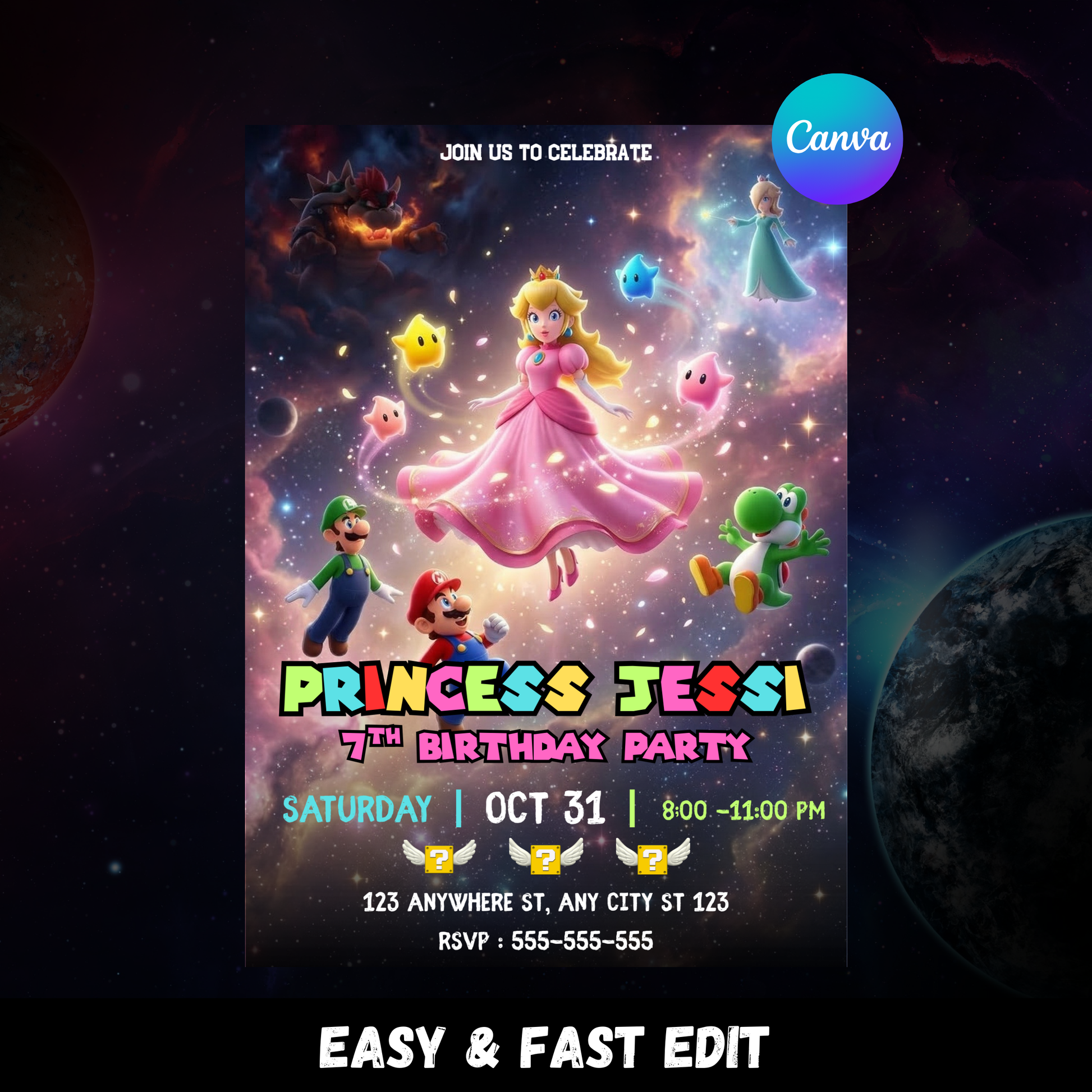 Princess Peach Birthday Invitation, Mario Galaxy Birthday Invite, Editable Outer Space Party Canva Template CreativeRino