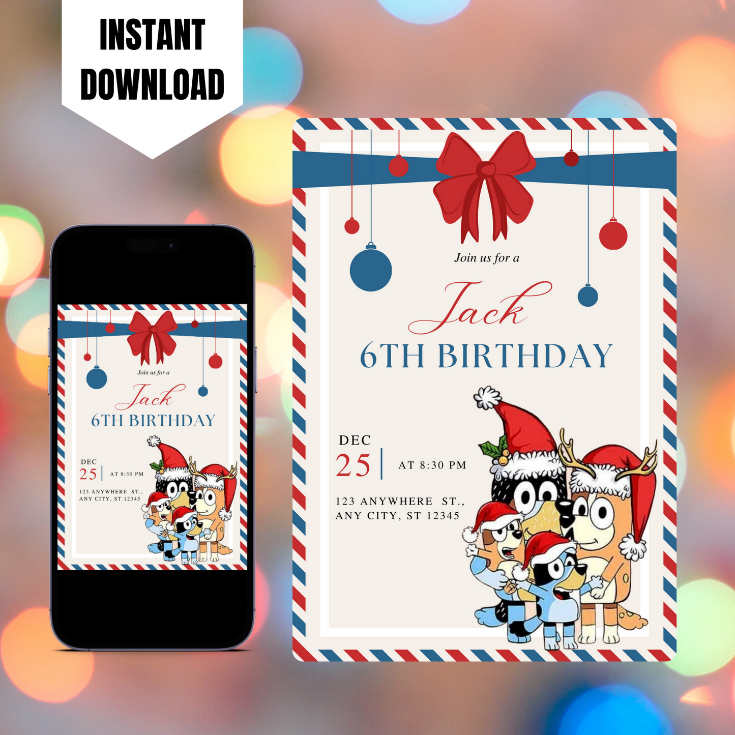 Bluey and Bingo Christmas Birthday Invitation Template