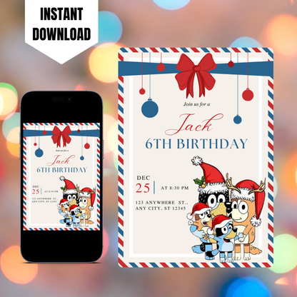 Bluey and Bingo Christmas Birthday Invitation Template CreativeRino