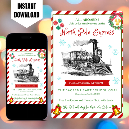 Christmas North Pole Express Train Invitation Flyer Template CreativeRino