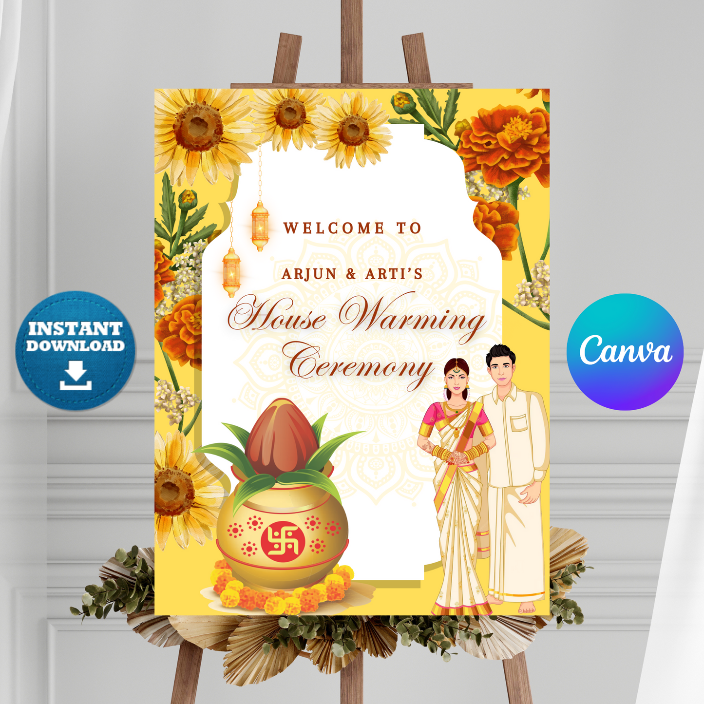 Gruhapravesham Welcome Sign Template | Indian Housewarming Welcome Sign