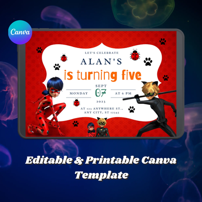 Miraculous Tales of Ladybug & Cat Noir Birthday Invitation Template CreativeRino