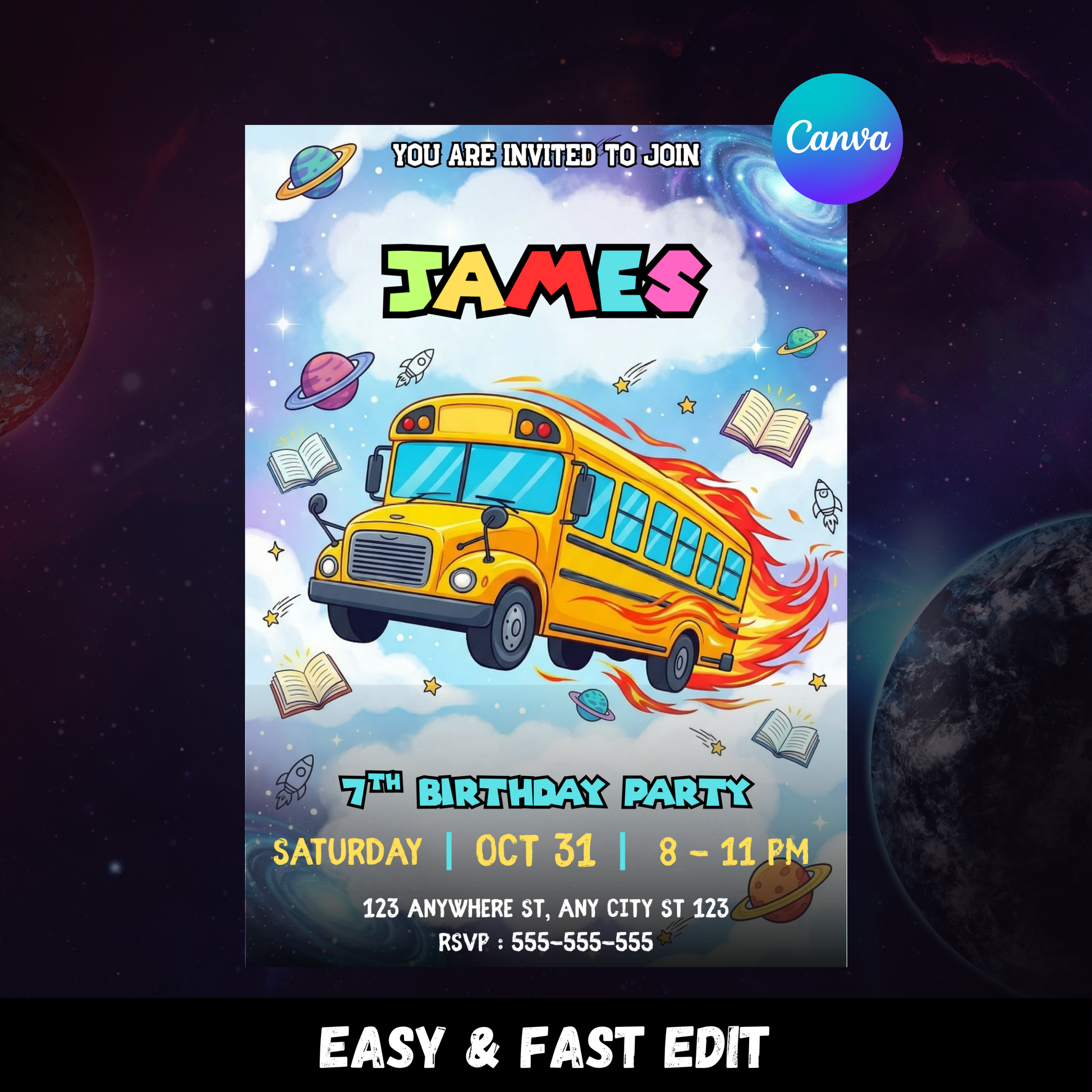 Editable Magic School Bus Invitation Template | Science Birthday Party Invite for Kids CreativeRino