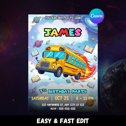 Editable Magic School Bus Invitation Template | Science Birthday Party Invite for Kids CreativeRino