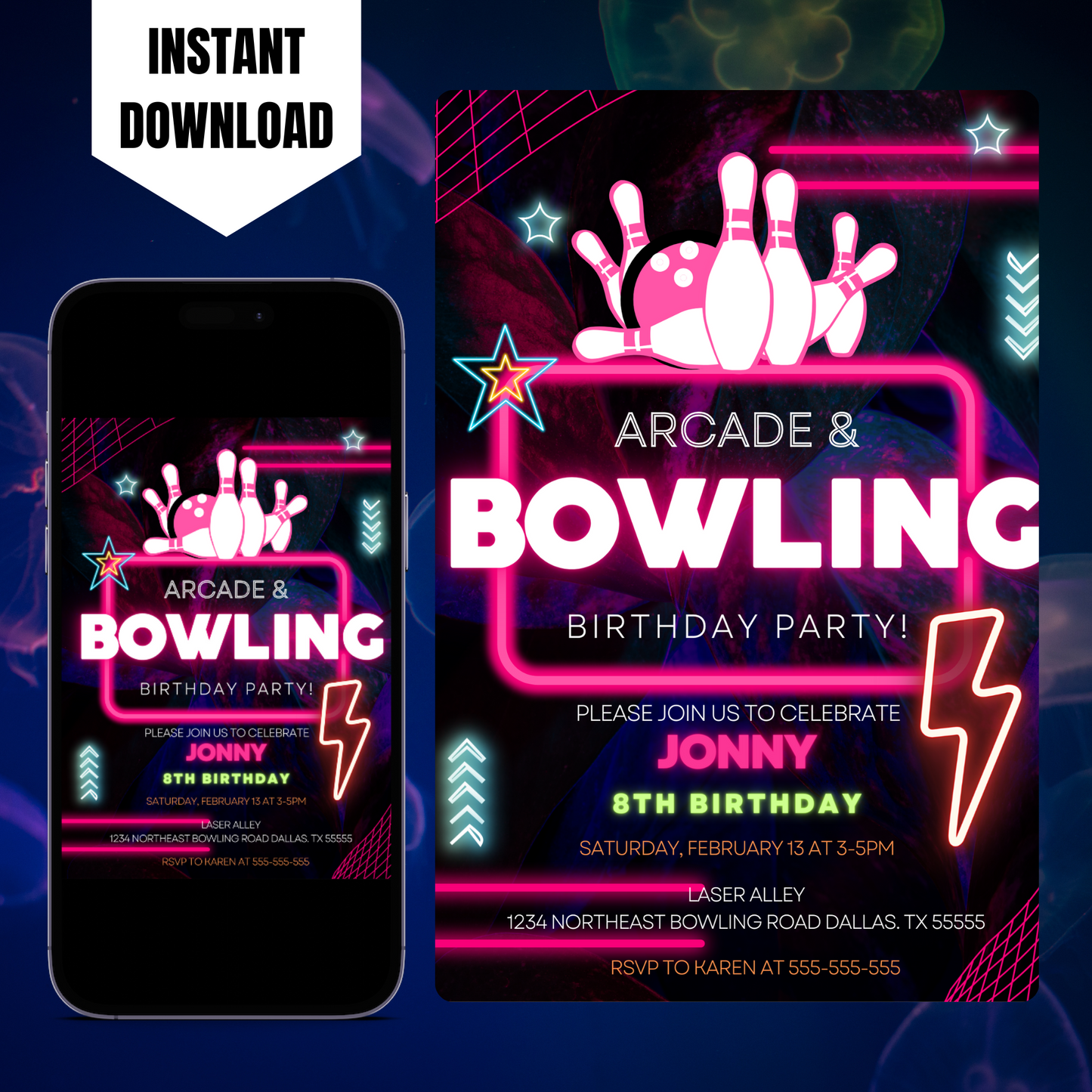 Arcade and Bowling Birthday Invitation Template