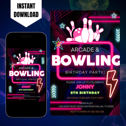 Arcade and Bowling Birthday Invitation Template CreativeRino