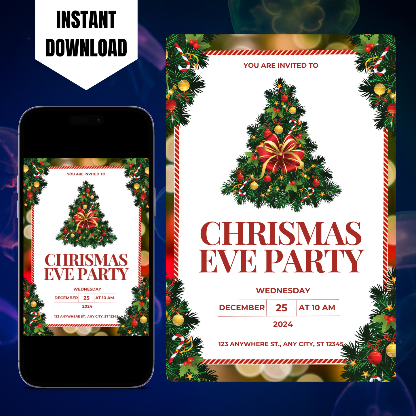 Christmas Eve Party Invitation Template | Christmas Tree Lights Invite