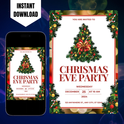 Christmas Eve Party Invitation Template | Christmas Tree Lights Invite CreativeRino