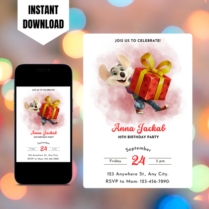 Chuck E Cheese Mouse Birthday Invitation Template CreativeRino