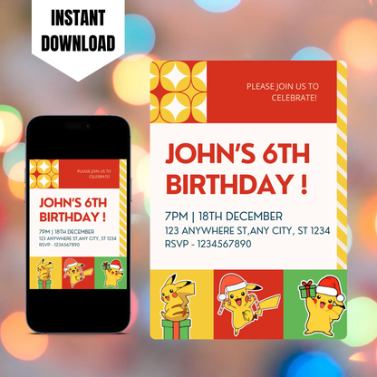 Pikachu Pokemon Christmas Birthday Invitation Template CreativeRino