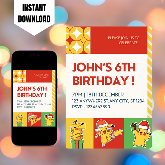 Pikachu Pokemon Christmas Birthday Invitation Template