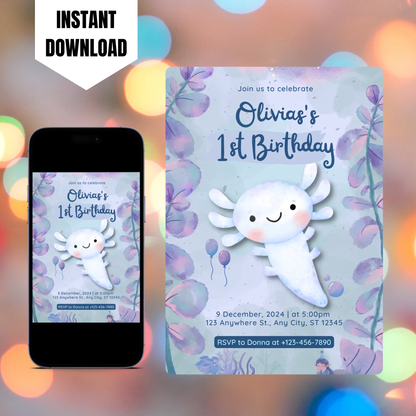 Axolotl Birthday Invitation Template CreativeRino