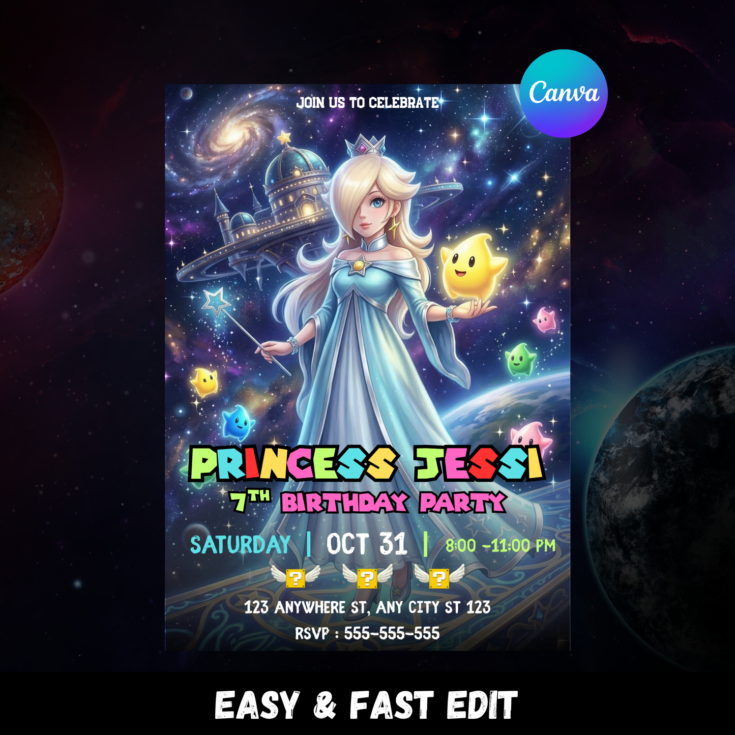 Princess Rosalina Birthday Invitation, Super Mario Galaxy Birthday Invitation, Editable Outer Space Party Invite Canva Template CreativeRino