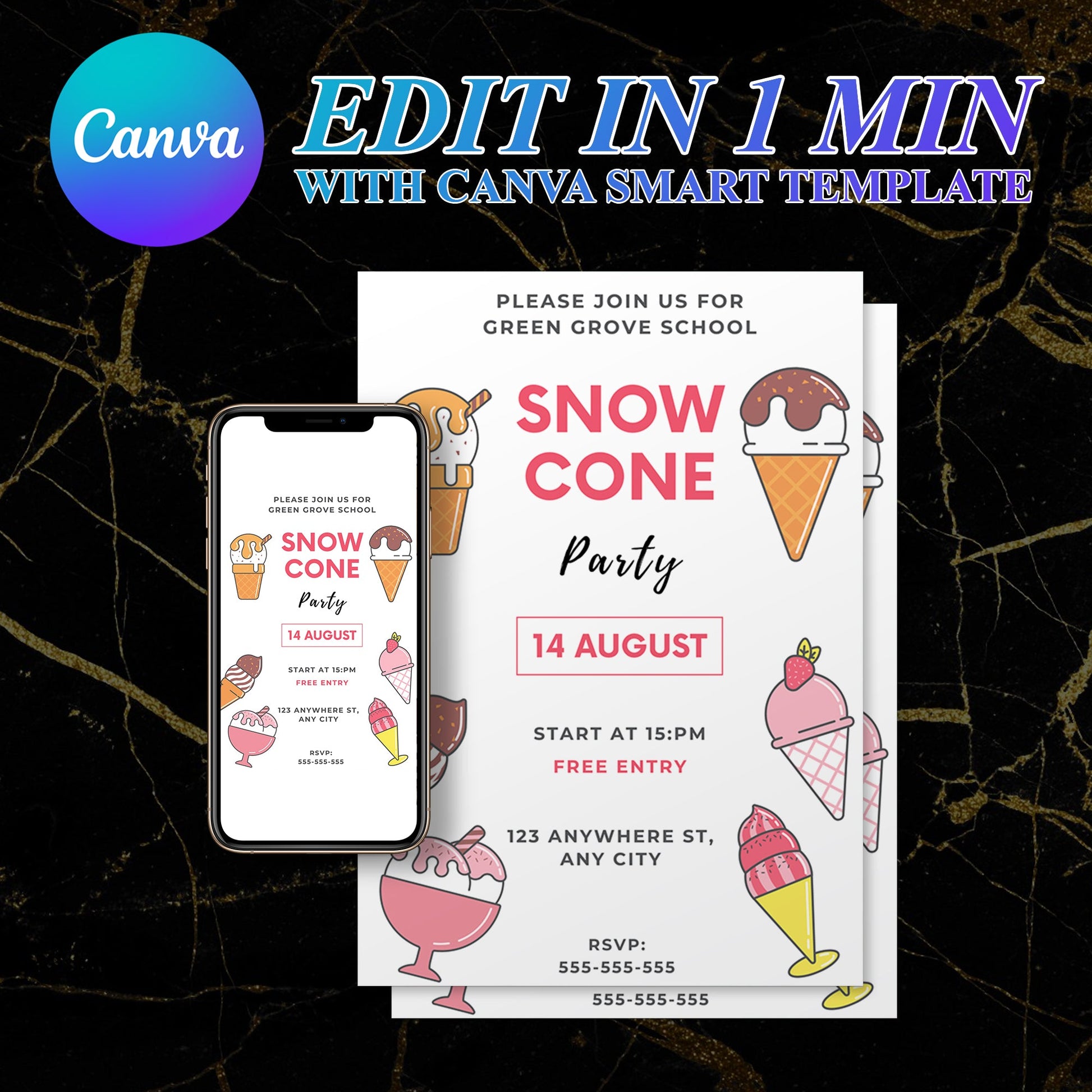 Snow Cone Party Invitation | Snow Cone Birthday Invite Canva Template CreativeRino