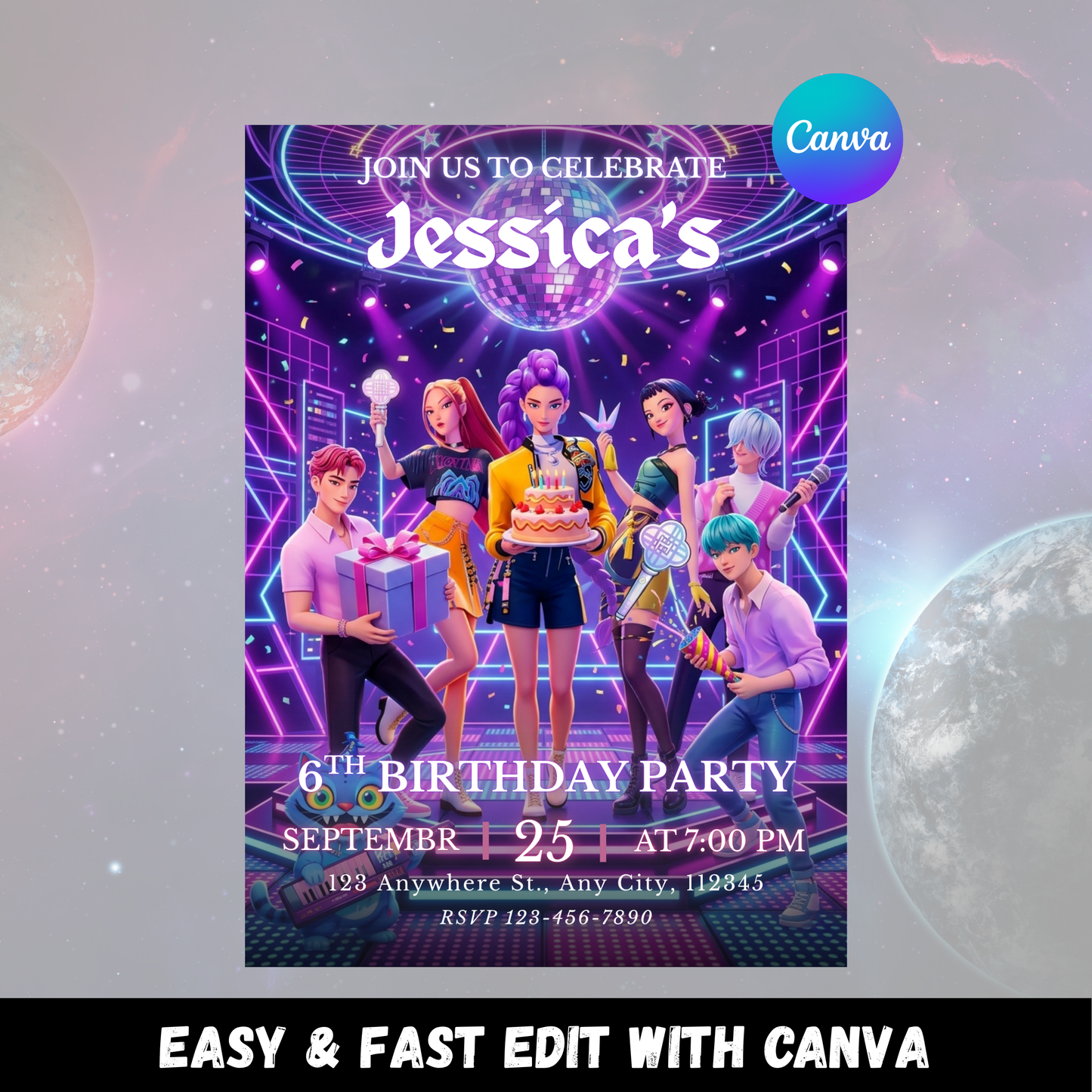 Kpop Demon Hunters Birthday Party Invite Template Printable Editable Digital Download CreativeRino