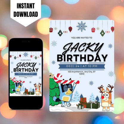 Bluey and Bingo Christmas Birthday Invitation Template CreativeRino