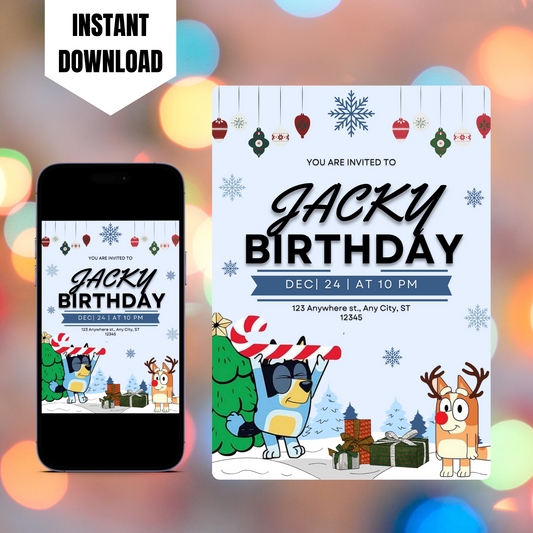 Bluey and Bingo Christmas Birthday Invitation Template