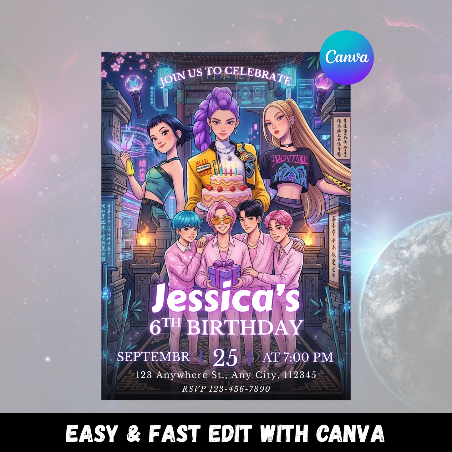 Kpop Demon Hunters Birthday Invitation – Chic Editable Party Template CreativeRino