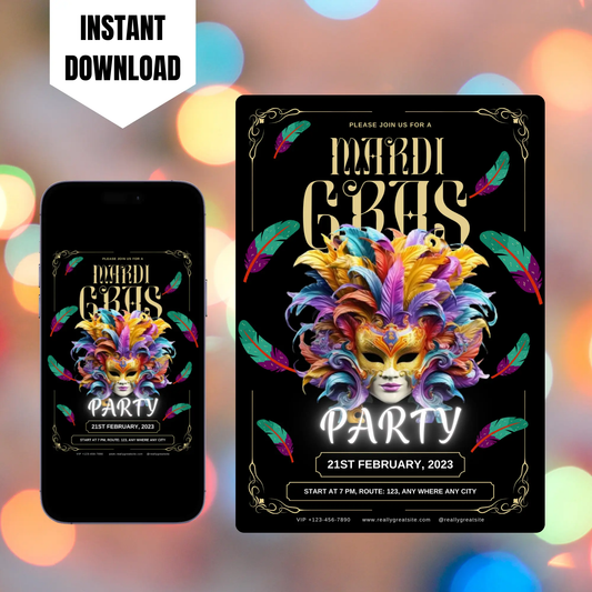 Mardi Gras Mask Party Invitation Template CreativeRino