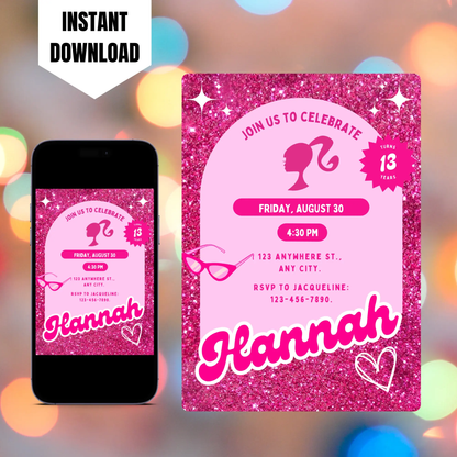 Hot Pink Doll Birthday Invitation Template CreativeRino