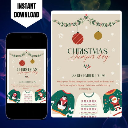 Christmas Jumper Day Invitation Template | Ugly Sweater Christmas Party Invite CreativeRino
